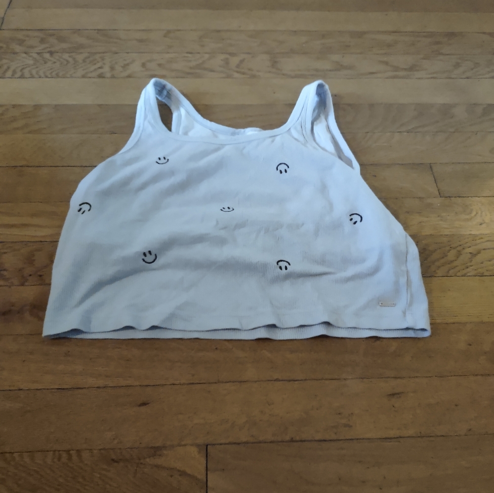 VS PINK Smiley Face Crop Tank XL White Ribbed Built In Bra Coquette